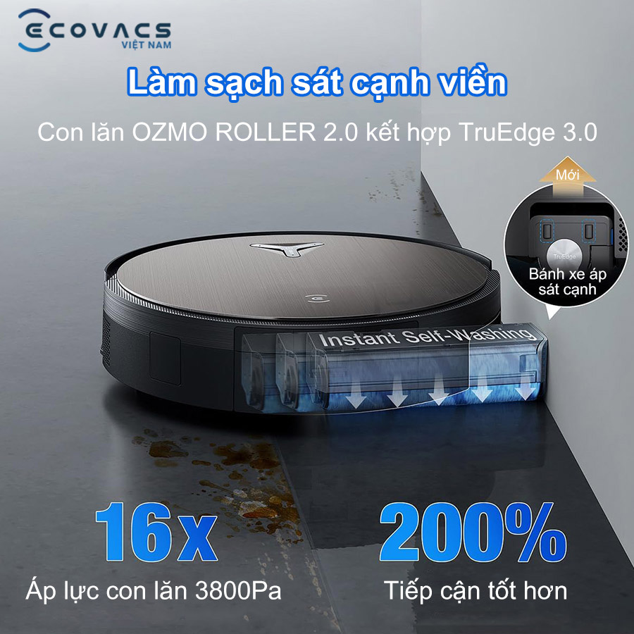 Robot Ecovacs Deebot X11 OmniCyclone làm sạch sát cạnh viền