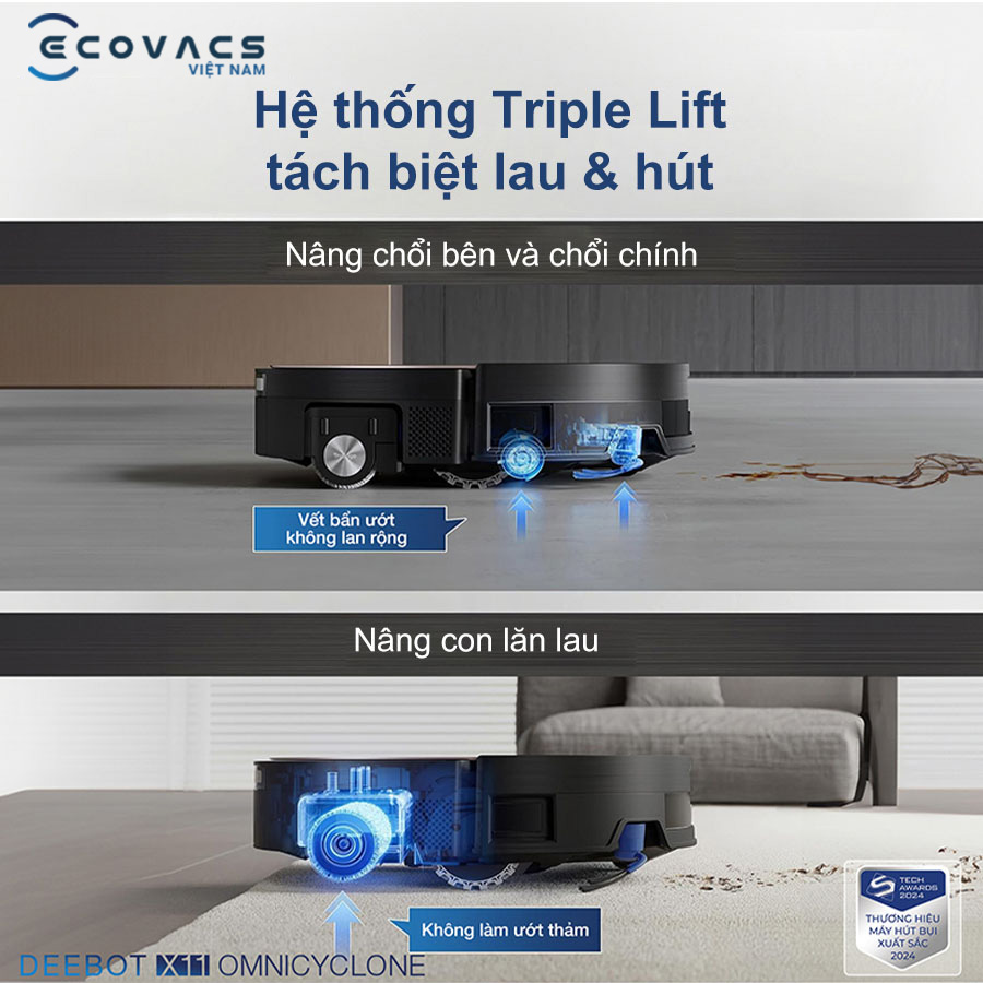 Robot Ecovacs Deebot X11 OmniCyclone với hệ thống Triple Lift tách biệt lau hút